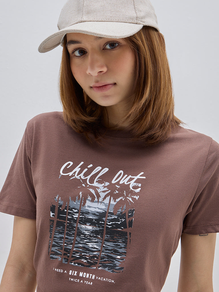 Studiofit Brown Printed Cotton T-Shirt