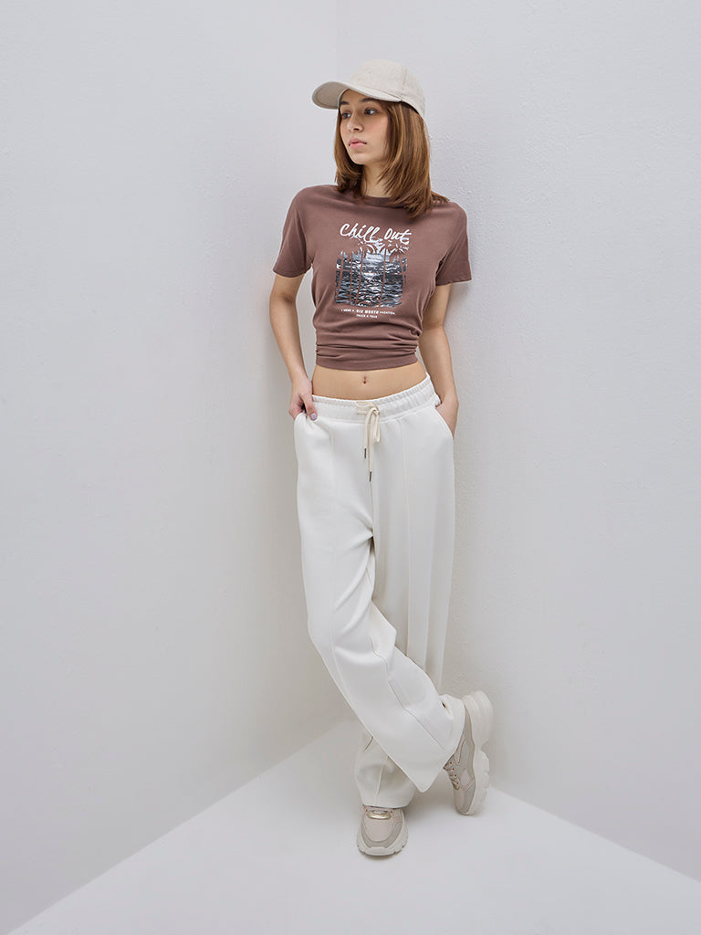 Studiofit Brown Printed Cotton T-Shirt