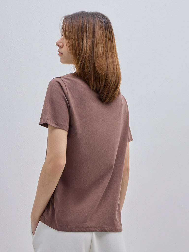 Studiofit Brown Printed Cotton T-Shirt