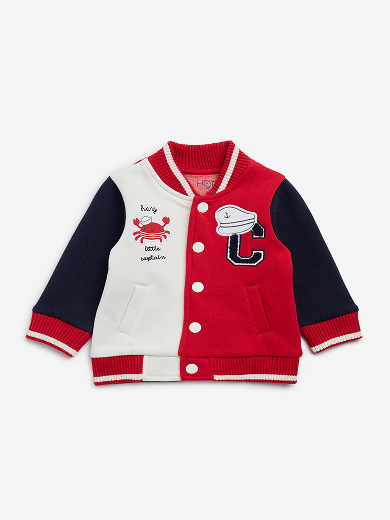 HOP Baby Red Colour-Blocked Cotton-Blend Varsity Jacket