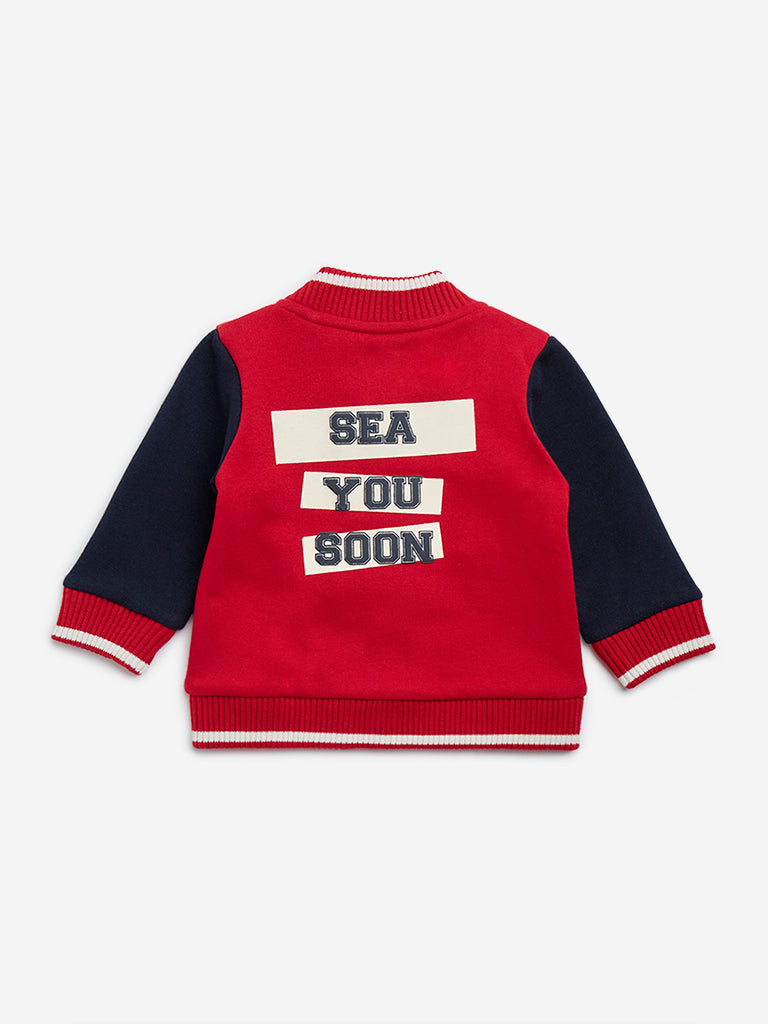 HOP Baby Red Colour-Blocked Cotton-Blend Varsity Jacket