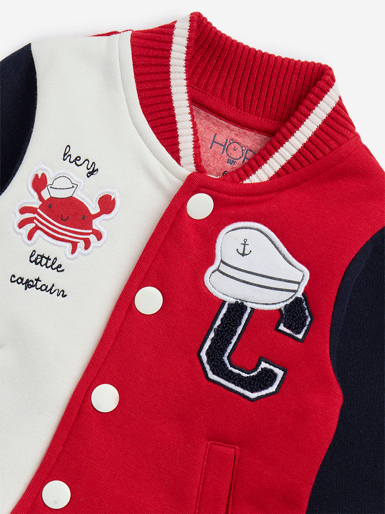 HOP Baby Red Colour-Blocked Cotton-Blend Varsity Jacket