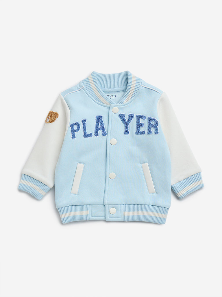 HOP Baby Blue Applique-Detailed Cotton-Blend Varsity Jacket