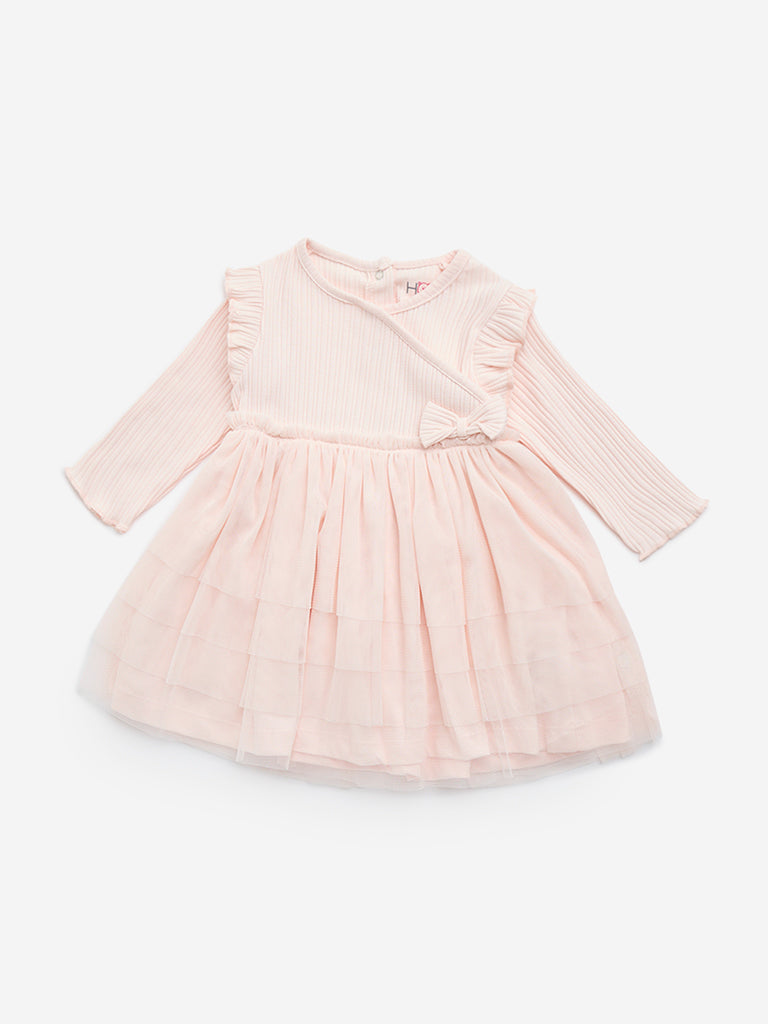 HOP Baby Pink Bow-Detailed Mesh Cotton Dress