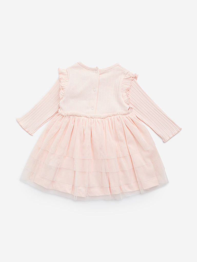 HOP Baby Pink Bow-Detailed Mesh Cotton Dress