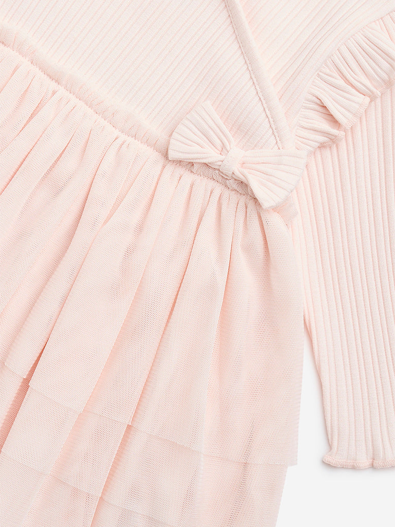 HOP Baby Pink Bow-Detailed Mesh Cotton Dress