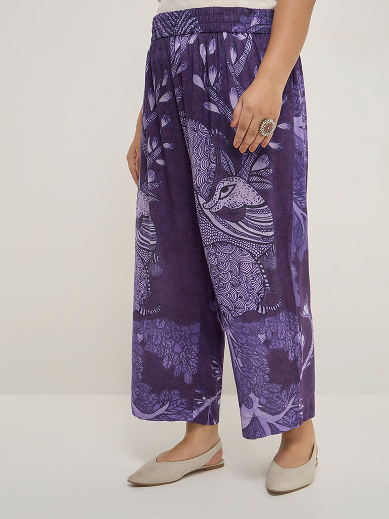 Diza Purple Botanical Printed High-Rise Ethnic Pants