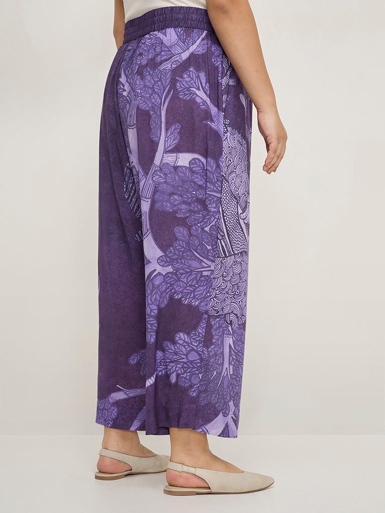 Diza Purple Botanical Printed High-Rise Ethnic Pants