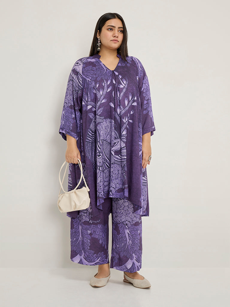 Diza Purple Botanical Printed High-Rise Ethnic Pants