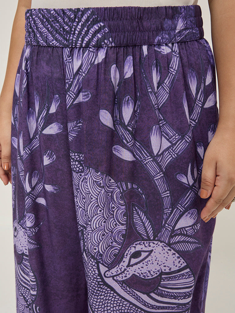 Diza Purple Botanical Printed High-Rise Ethnic Pants