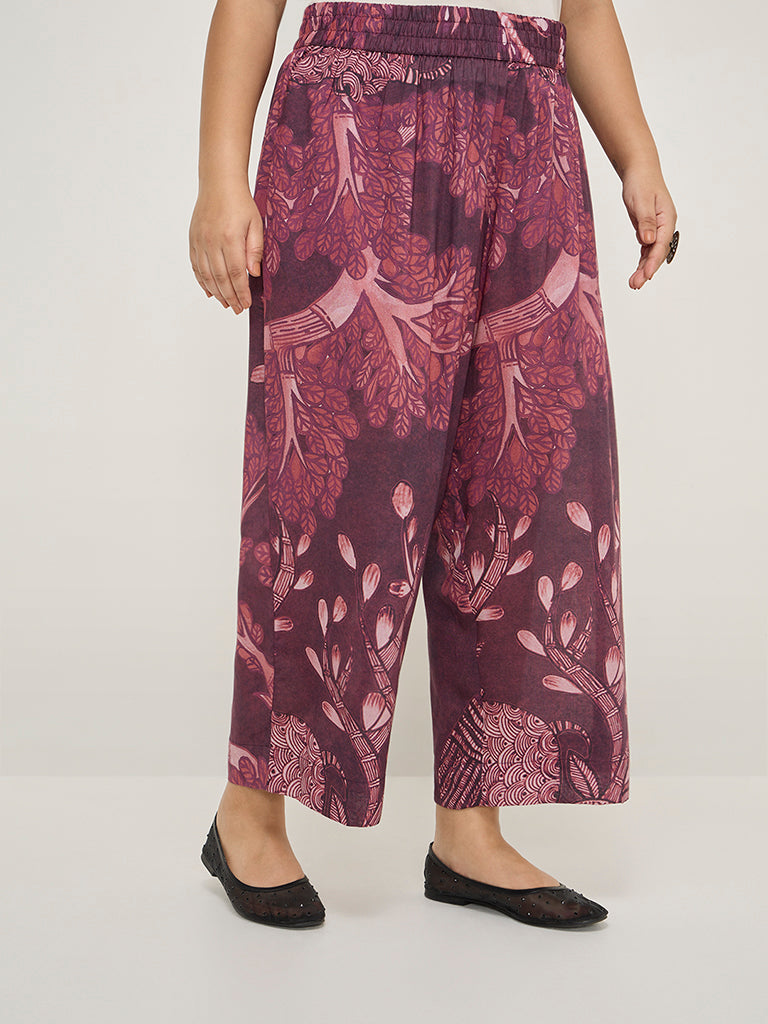 Diza Burgundy Botanical Printed High-Rise Ethnic Pants