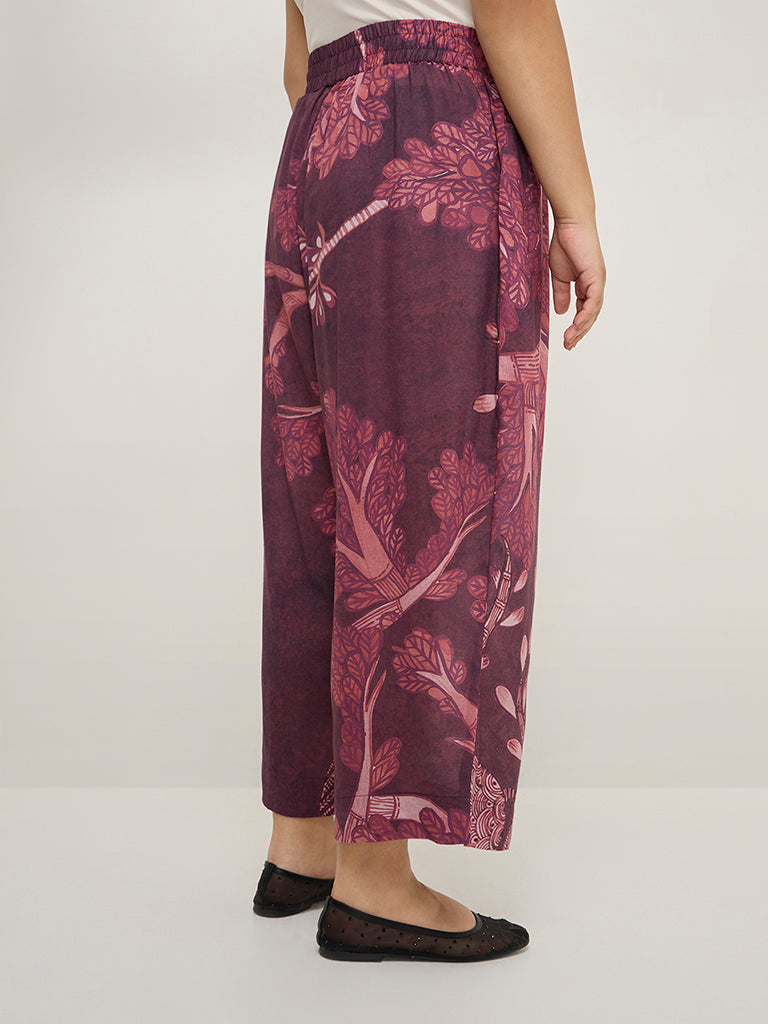 Diza Burgundy Botanical Printed High-Rise Ethnic Pants