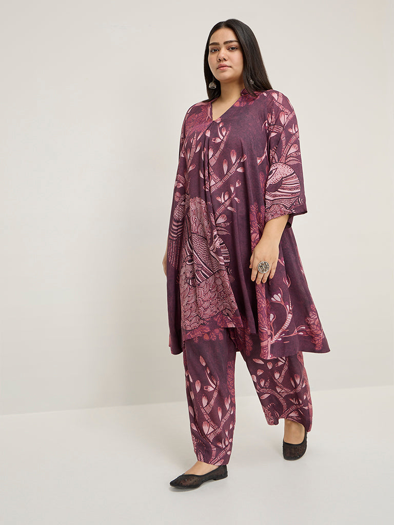 Diza Burgundy Botanical Printed High-Rise Ethnic Pants