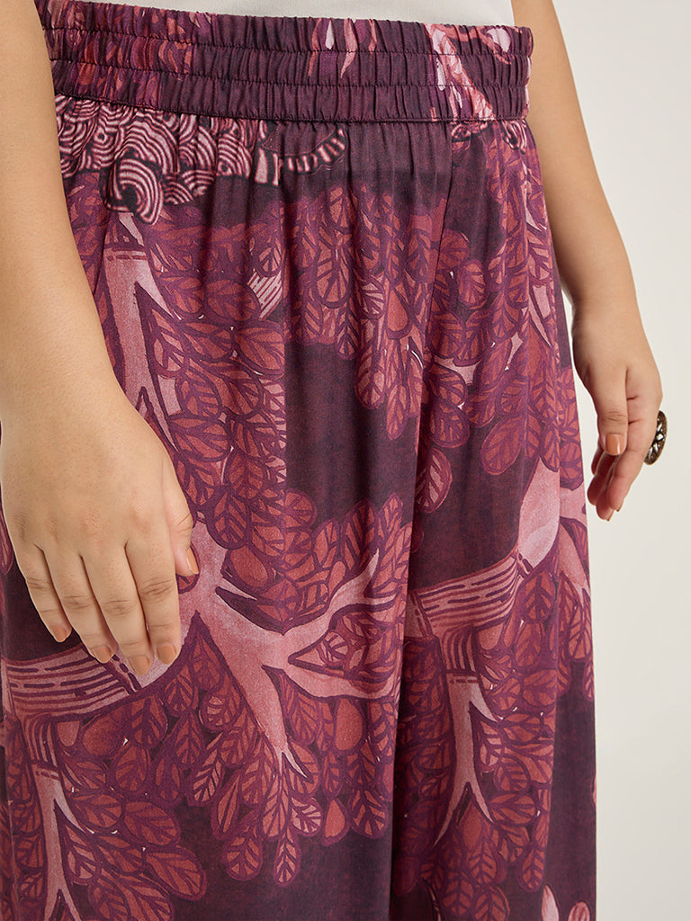 Diza Burgundy Botanical Printed High-Rise Ethnic Pants