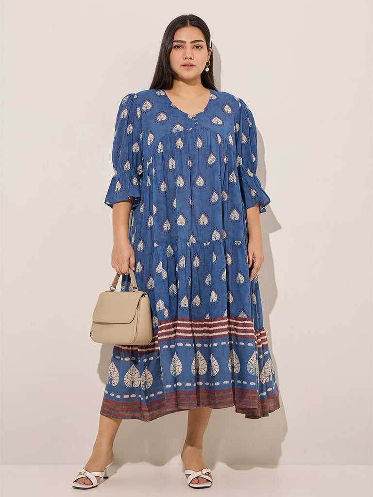 Diza Indigo Printed Fit-and-Flare Cotton Dress