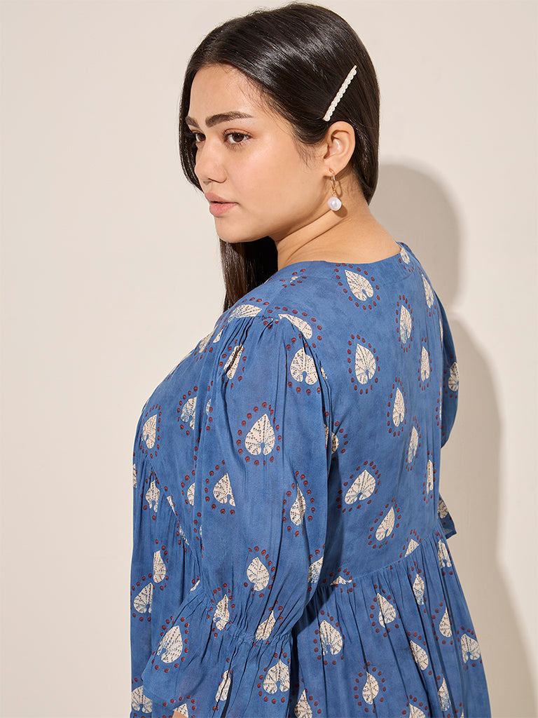 Diza Indigo Printed Fit-and-Flare Cotton Dress