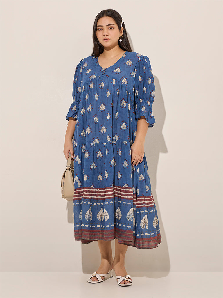 Diza Indigo Printed Fit-and-Flare Cotton Dress