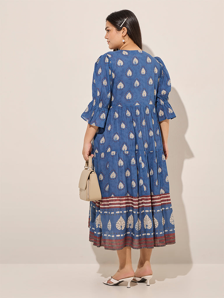 Diza Indigo Printed Fit-and-Flare Cotton Dress