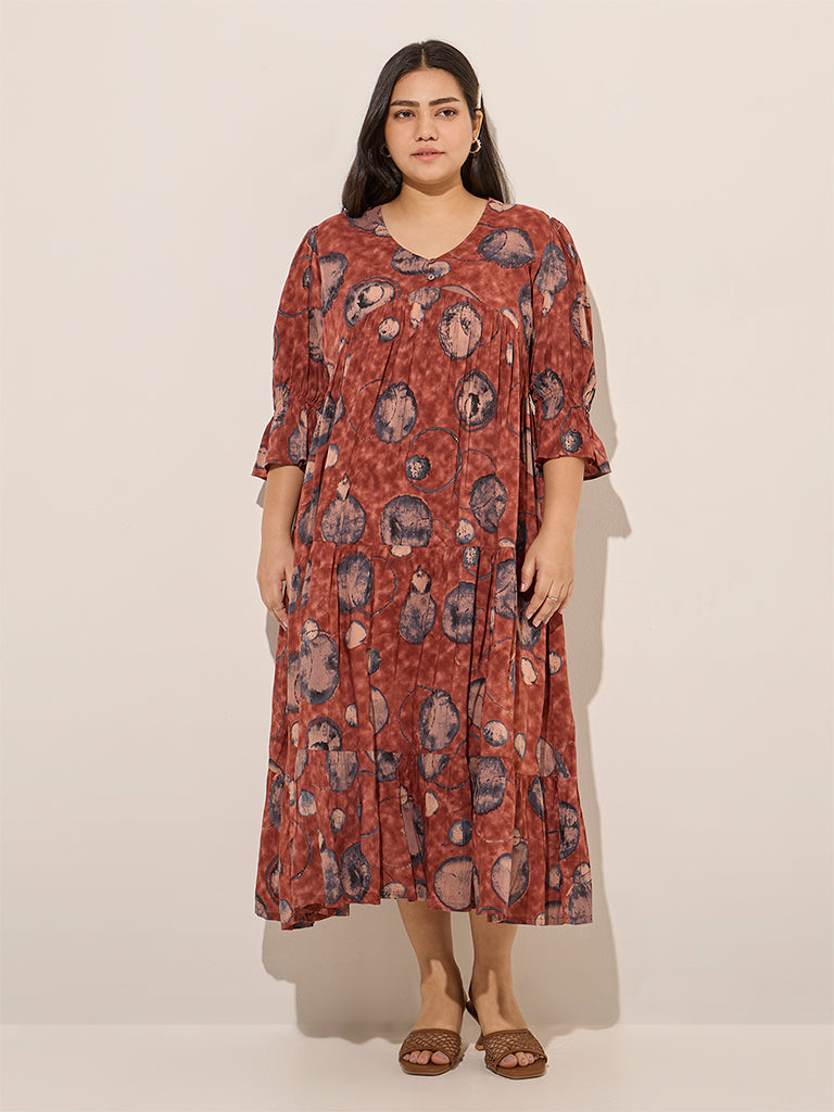 Diza Brown Printed Fit-and-Flare Cotton Dress