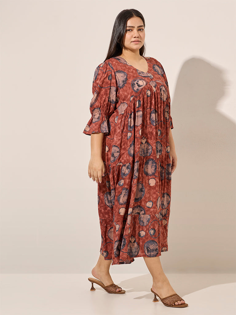 Diza Brown Printed Fit-and-Flare Cotton Dress