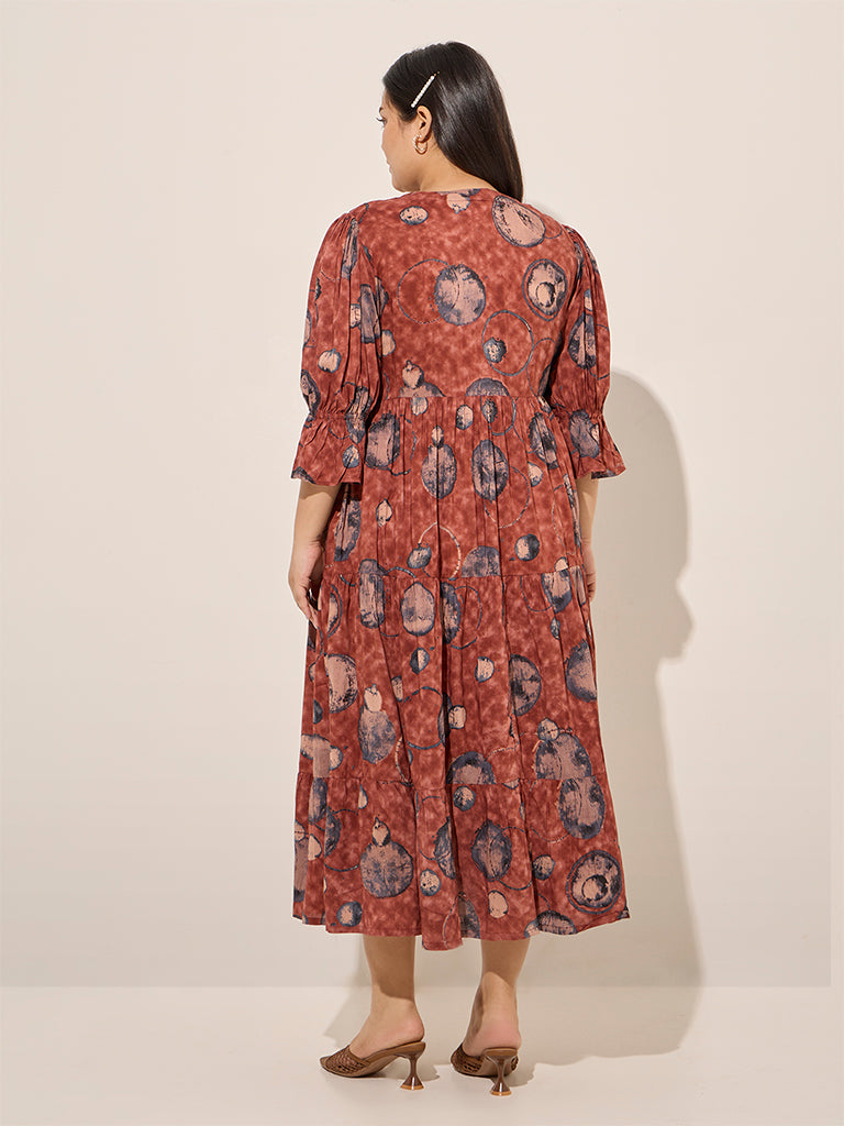 Diza Brown Printed Fit-and-Flare Cotton Dress