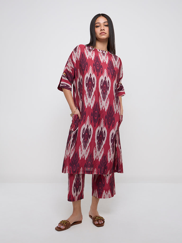 Diza Red Ikat Printed A-Line Kurta