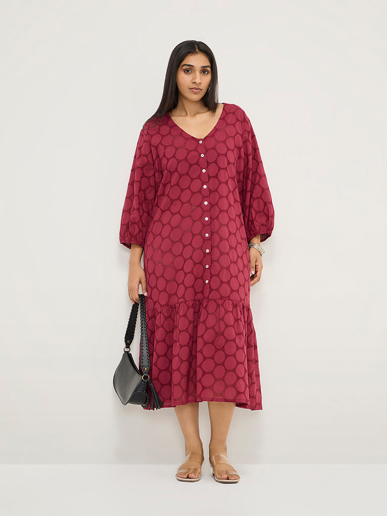 Diza Red Circular Design Drop-Waist Cotton Dress