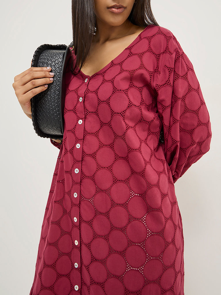 Diza Red Circular Design Drop-Waist Cotton Dress