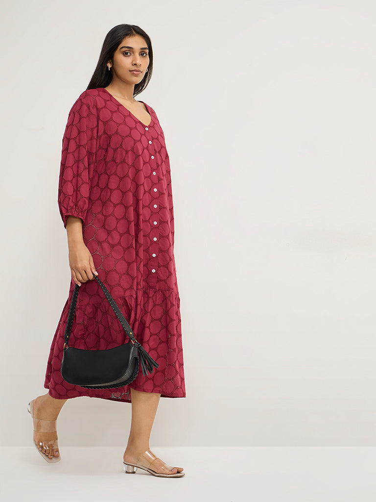 Diza Red Circular Design Drop-Waist Cotton Dress