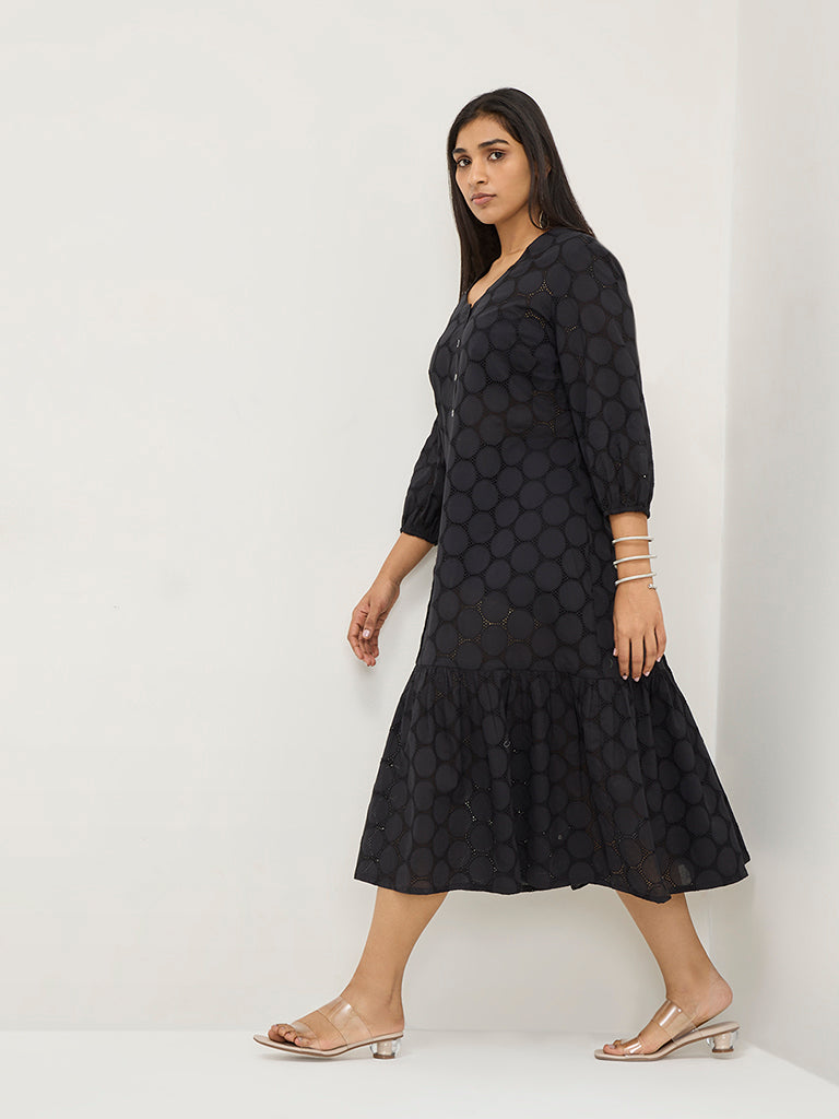 Diza Red Circular Design Drop-Waist Cotton Dress