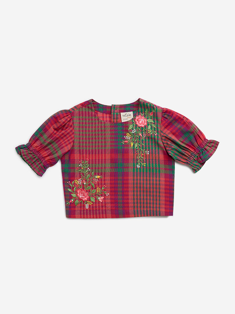 Utsa Kids Red Floral Embroidered Cotton Top - (2-8yrs)