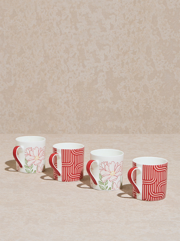 Westside Home Red Floral Patterned Mugs (Set of 4)