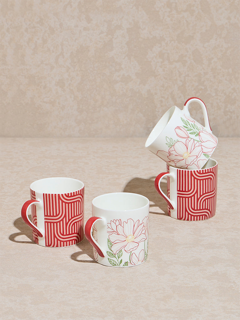 Westside Home Red Floral Patterned Mugs (Set of 4)