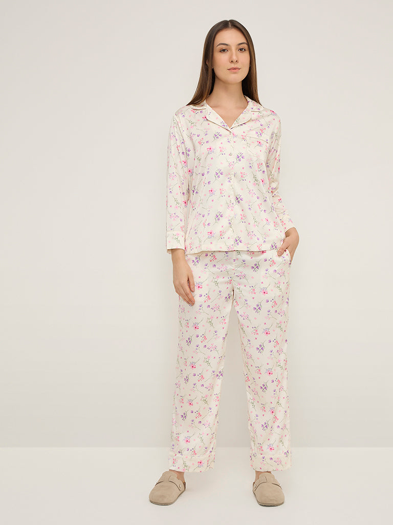 Wunderlove Ivory Floral Printed Shirt and Pyjamas Set