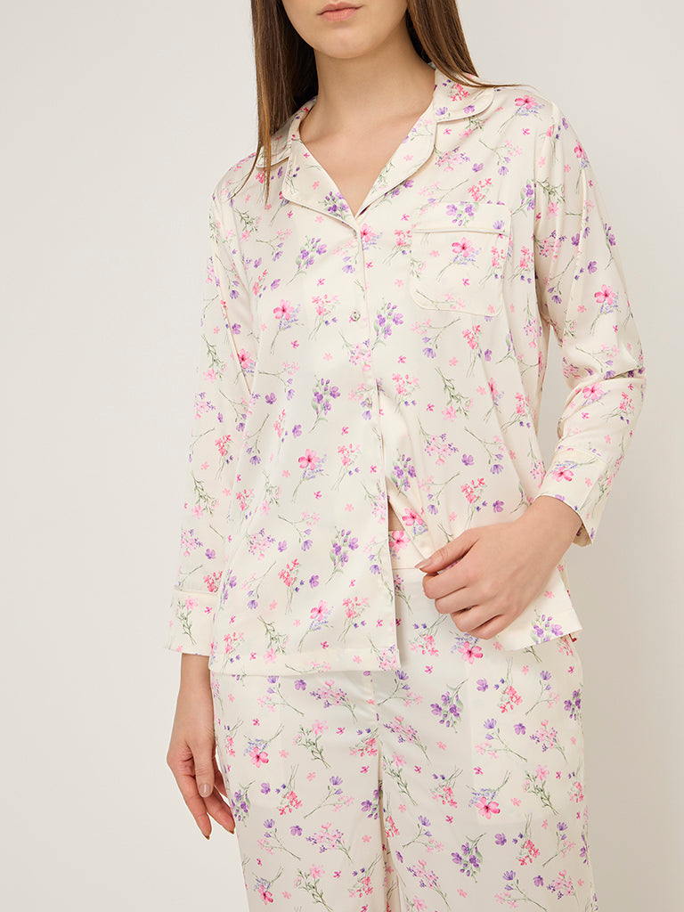 Wunderlove Ivory Floral Printed Shirt and Pyjamas Set