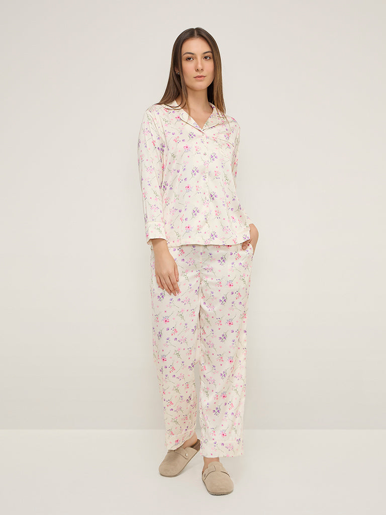 Wunderlove Ivory Floral Printed Shirt and Pyjamas Set