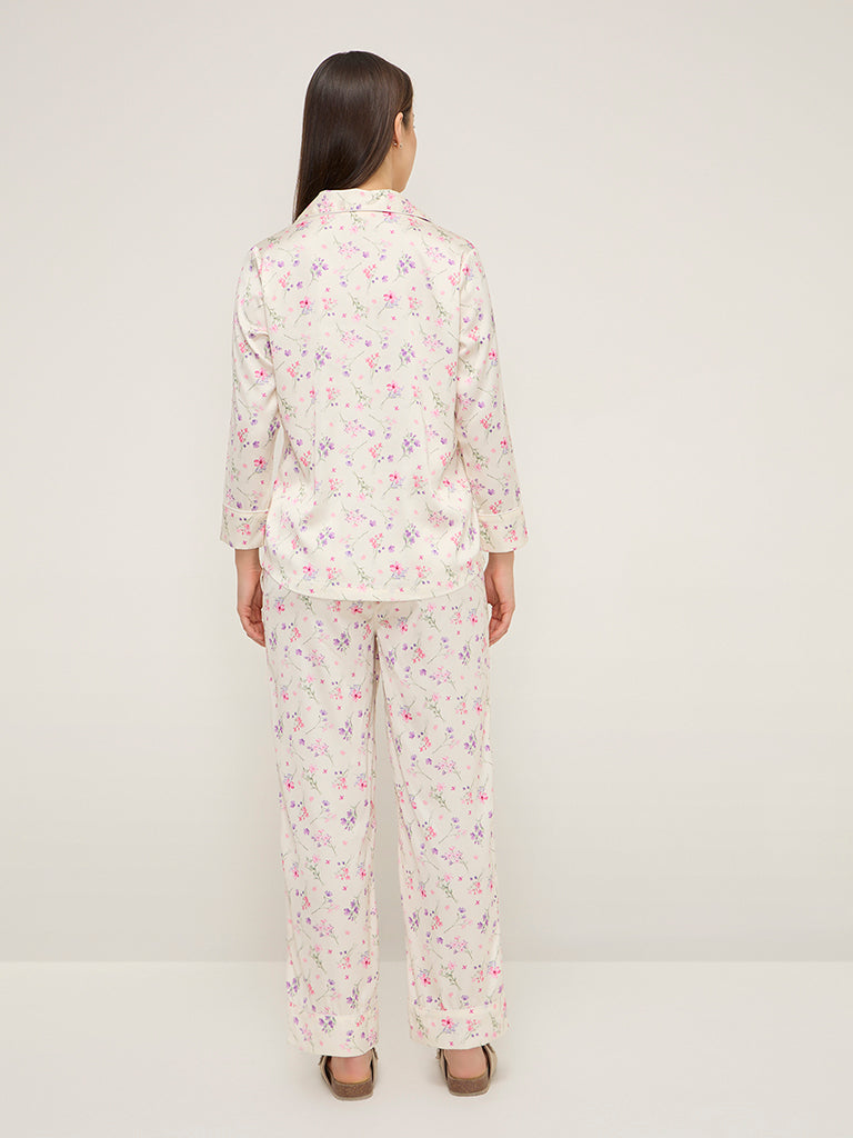 Wunderlove Ivory Floral Printed Shirt and Pyjamas Set