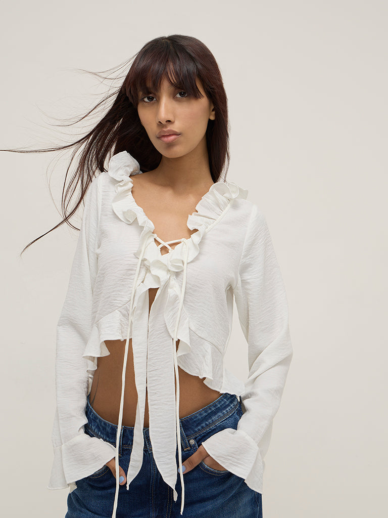 Nuon White Ruffle-Detailed Crop Top