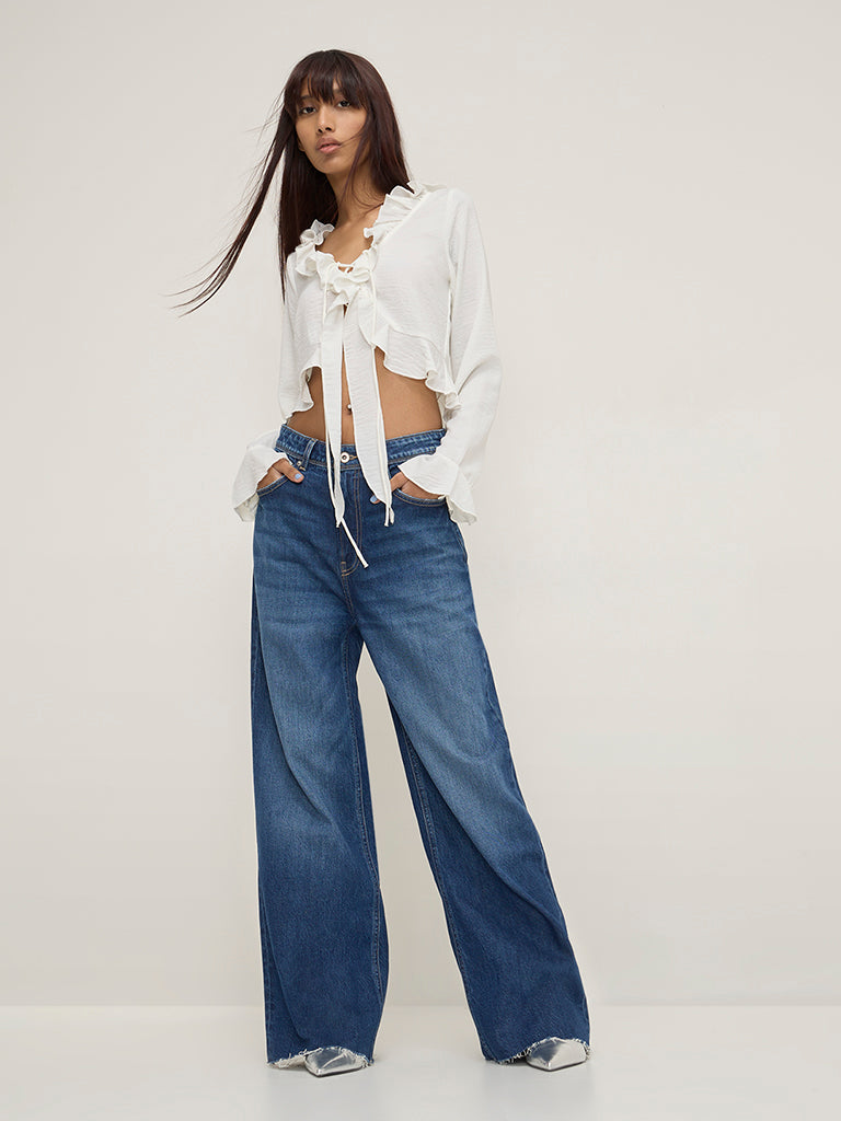 Nuon White Ruffle-Detailed Crop Top