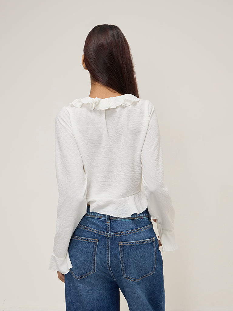 Nuon White Ruffle-Detailed Crop Top