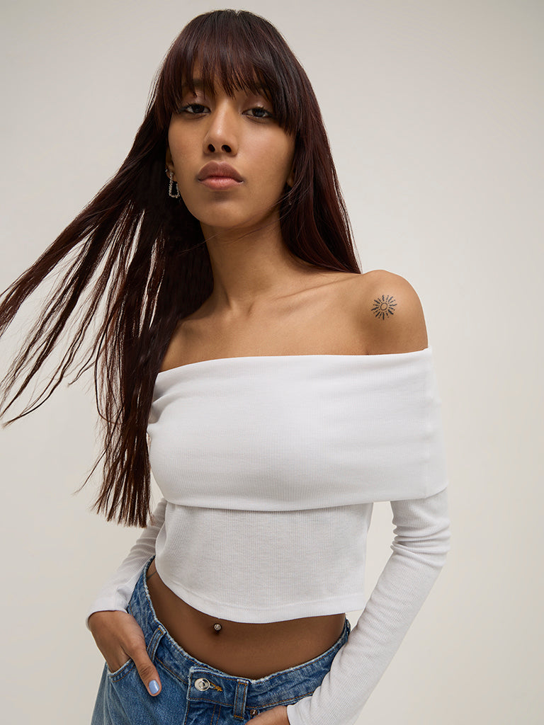 Nuon White Ribbed Off-Shoulder Top