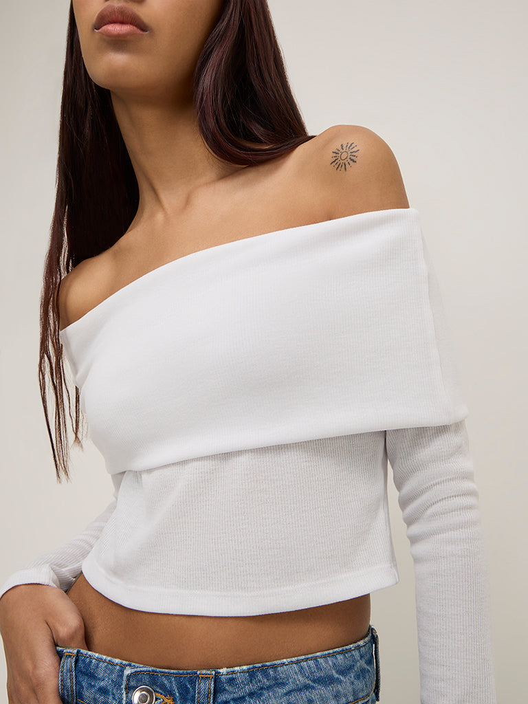 Nuon White Ribbed Off-Shoulder Top