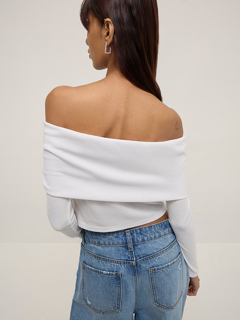 Nuon White Ribbed Off-Shoulder Top