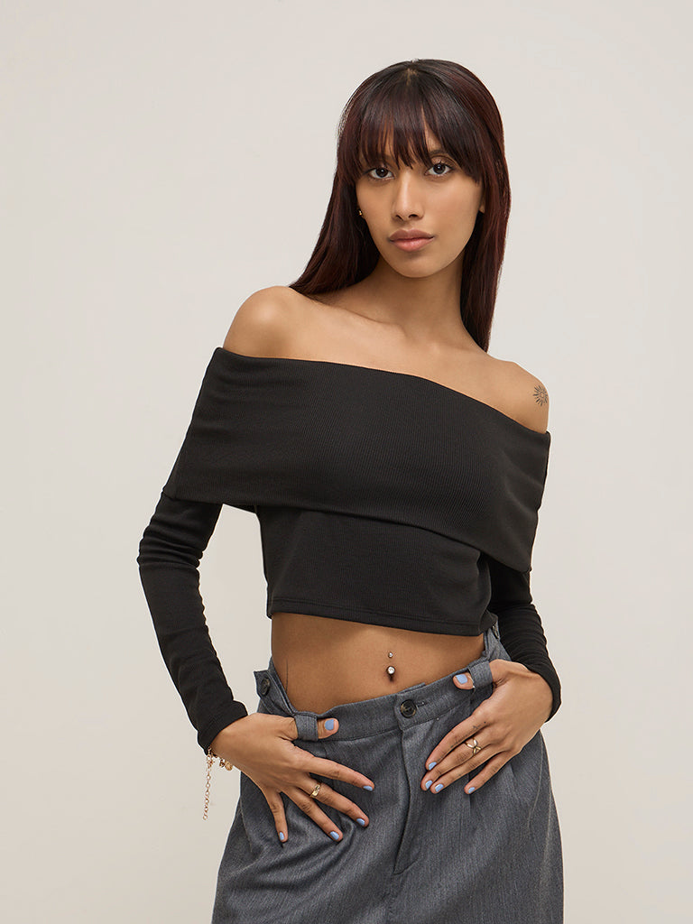 Nuon Black Ribbed Off-Shoulder Top