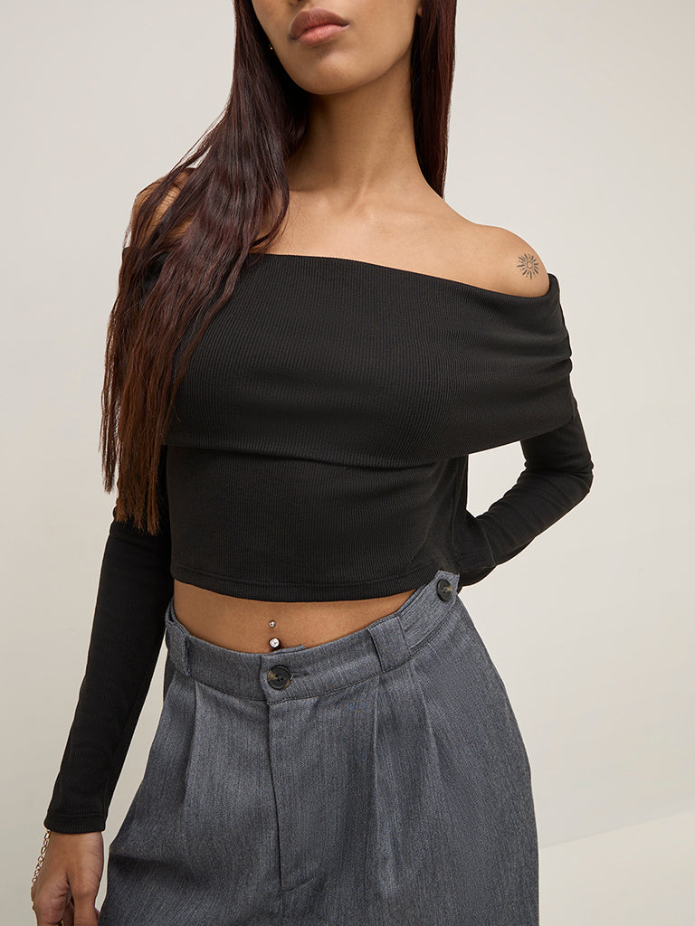 Nuon Black Ribbed Off-Shoulder Top