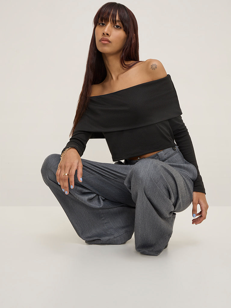 Nuon Black Ribbed Off-Shoulder Top