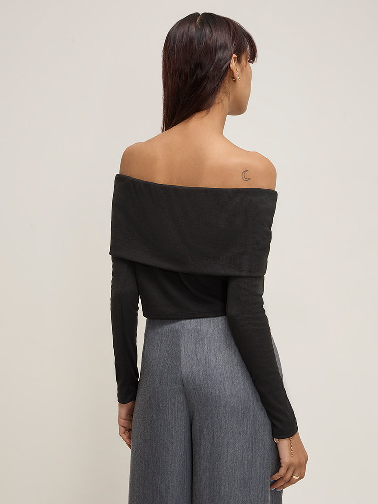 Nuon Black Ribbed Off-Shoulder Top