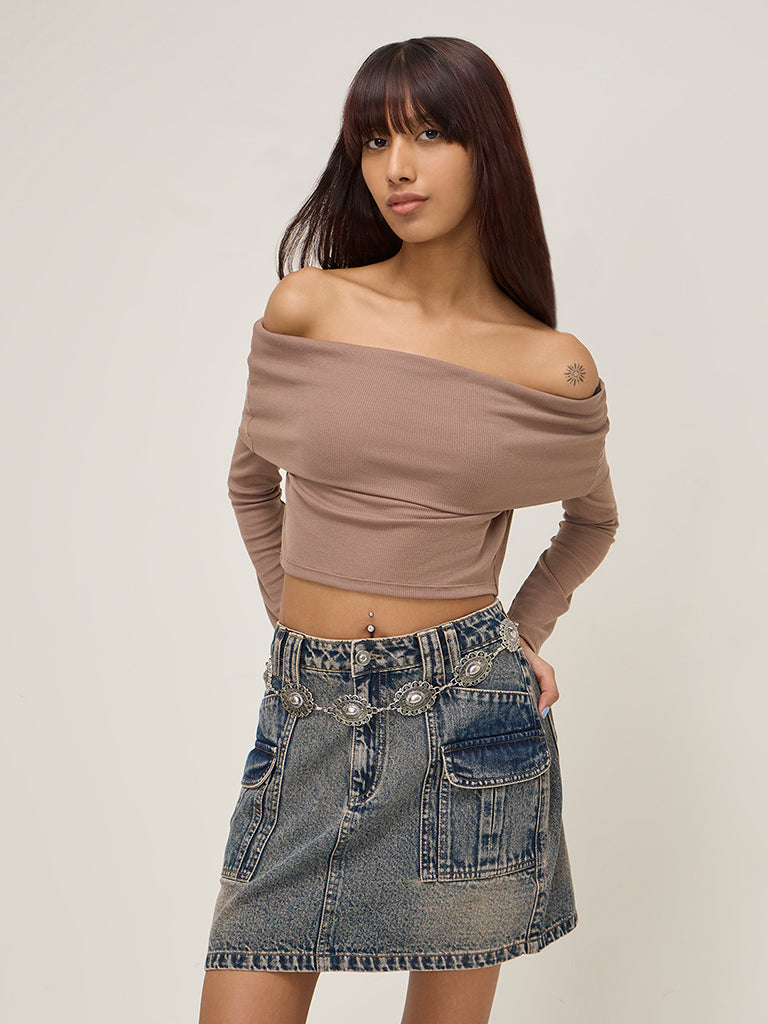 Nuon Beige Ribbed Off-Shoulder Top