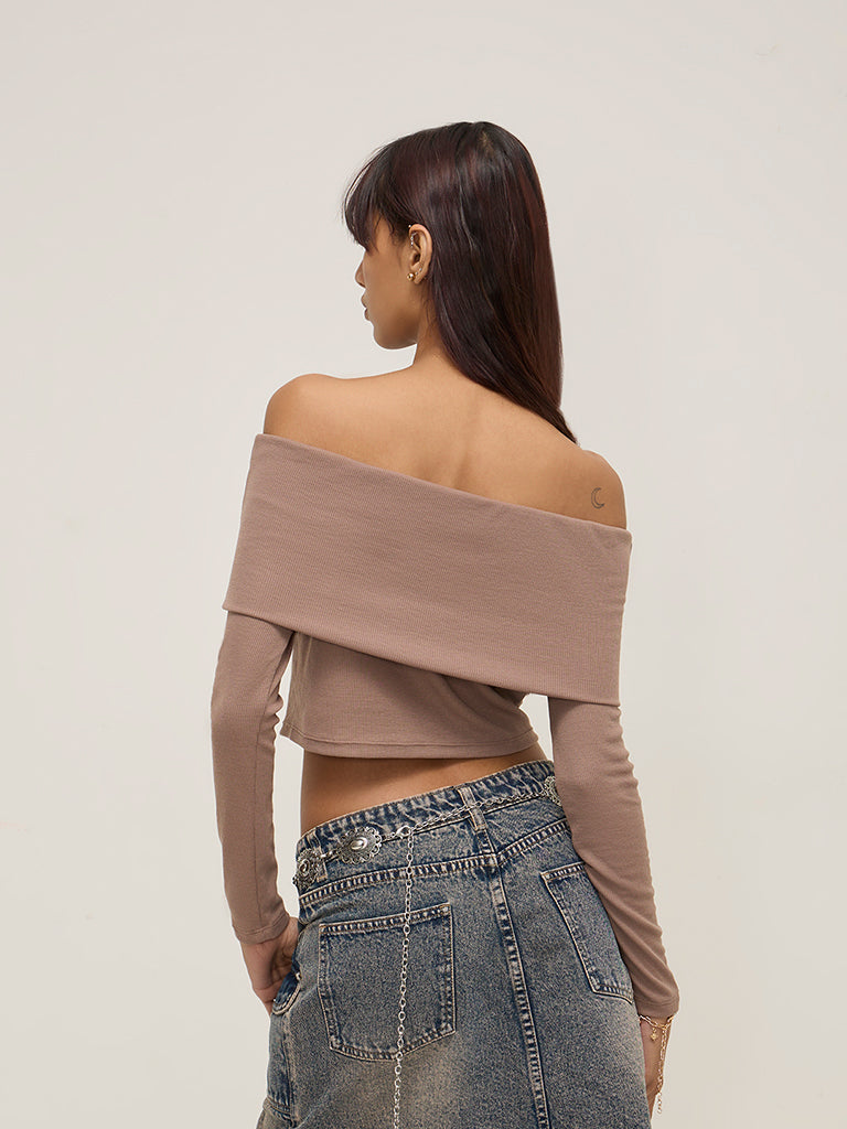 Nuon Beige Ribbed Off-Shoulder Top