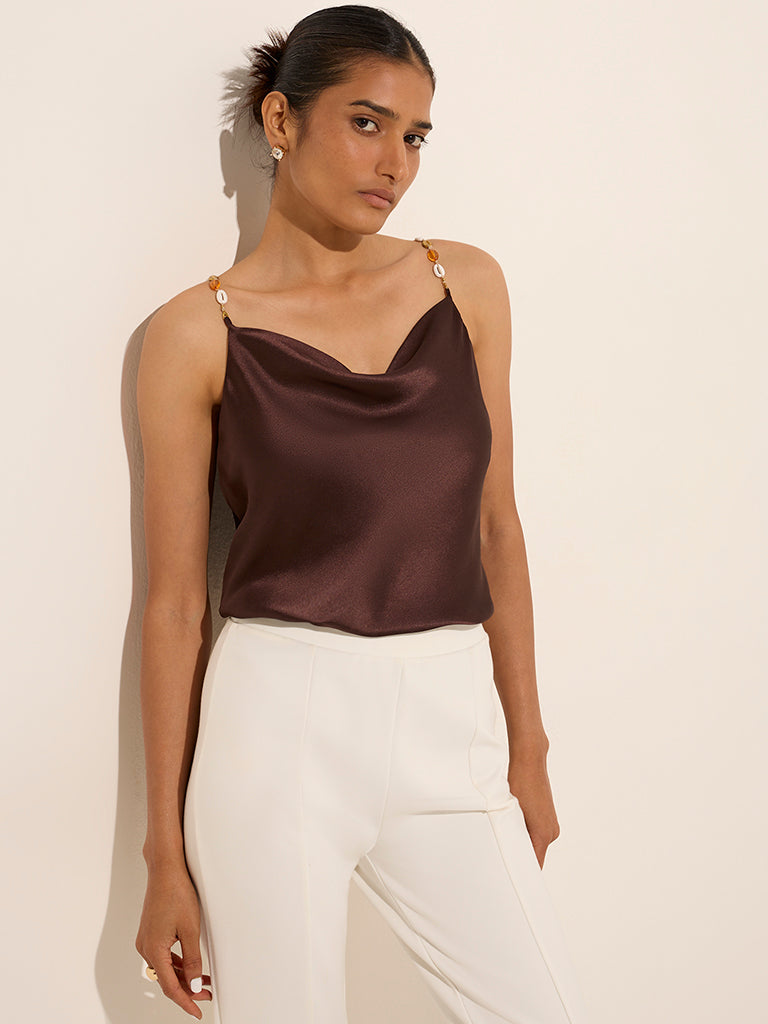 Wardrobe Brown Beaded Cowl-Neck Top